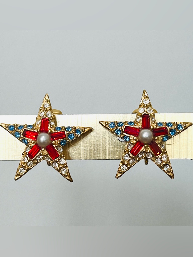 1990s Mbb Pell Clip Patriotic Star Swarovski Crystals Earrings Like New/Unworn